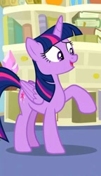 Size: 421x729 | Tagged: safe, derpibooru import, screencap, twilight sparkle, twilight sparkle (alicorn), alicorn, a horse shoe-in, book, bookshelf, cropped, folded wings, smiling, smirk, solo, starlight's office, wings