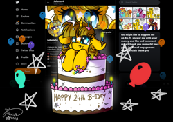 Size: 4093x2894 | Tagged: safe, artist:julunis14, derpibooru import, screencap, oc, oc only, oc:ayza, pony, unicorn, balloon, birthday, birthday cake, cake, candle, coat markings, ears, facial markings, floppy ears, food, meta, solo, star (coat marking), stars, twitter