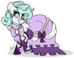 Size: 3604x2792 | Tagged: safe, artist:julunis14, derpibooru import, oc, oc only, pony, unicorn, clothes, commission, digital, dress, gala dress, pearl, pose, ribbon, shoes, simple background, solo, white background