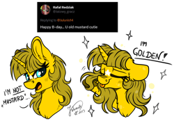 Size: 3440x2395 | Tagged: safe, artist:julunis14, derpibooru import, oc, oc only, oc:ayza, pony, unicorn, :p, coat markings, ear fluff, ears, facial markings, food, mustard, pose, sauce, simple background, star (coat marking), text, tongue, tongue out, twitter screenshot, white background