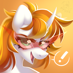 Size: 1370x1370 | Tagged: safe, artist:rtootb, derpibooru import, oc, oc only, pony, unicorn, brown mane, bust, comic, commission, cute, digital art, ears up, female, glasses, green eyes, happy, icon, long hair, looking at you, mare, open mouth, open smile, orange background, orange mane, portrait, simple background, smiling, smiling at you, soft shading, solo, tengen toppa gurren lagann, white fur