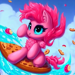 Size: 1024x1024 | Tagged: safe, derpibooru import, machine learning generated, pinkie pie, food, pizza, surfing