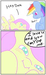 Size: 1080x1762 | Tagged: safe, artist:fluttersdoodles, derpibooru import, fluttershy, rainbow dash, comic, dialogue, female, flutterdash, lesbian, shipping, smiling