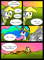 Size: 578x796 | Tagged: safe, artist:neoncabaret, derpibooru import, derpy hooves, princess celestia, oc, oc:mel, alicorn, human, pegasus, pony, comic:derpy's wish, comic, jewelry, regalia