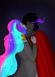 Size: 2480x3508 | Tagged: safe, artist:sh4deshad0w41, derpibooru import, king sombra, princess celestia, human, cape, celestibra, clothes, dark background, eyes closed, female, humanized, kiss on the cheek, kissing, male, ship, shipping, straight