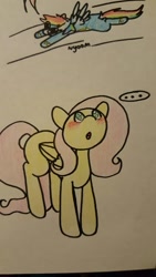 Size: 747x1328 | Tagged: safe, artist:fluttersdoodles, derpibooru import, part of a series, part of a set, fluttershy, rainbow dash, ..., female, flutterdash, lesbian, pencil drawing, shipping, smiling, sparkly eyes, traditional art, wingding eyes