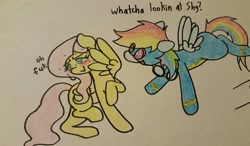 Size: 1280x746 | Tagged: safe, artist:fluttersdoodles, derpibooru import, part of a series, part of a set, fluttershy, rainbow dash, dialogue, female, flutterdash, lesbian, pencil drawing, shipping, smiling, sparkly eyes, swearing, swearyshy, traditional art, vulgar, wingding eyes