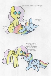 Size: 500x731 | Tagged: safe, artist:fluttersdoodles, derpibooru import, fluttershy, rainbow dash, female, flutterdash, lesbian, pencil drawing, shipping, traditional art