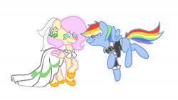 Size: 1280x720 | Tagged: safe, artist:fluttersdoodles, derpibooru import, fluttershy, rainbow dash, braid, clothes, dress, female, floating, flutterdash, imminent wedding, lesbian, looking at each other, looking at someone, raised hoof, raised leg, shipping, tailcoat, wedding dress