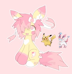 Size: 1433x1488 | Tagged: safe, artist:funnyhat12, derpibooru import, oc, oc only, earth pony, pikachu, pony, adoptable, pokémon, sylveon, trio