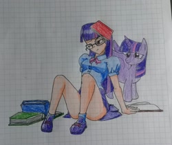 Size: 2176x1836 | Tagged: safe, artist:jackudoggy, derpibooru import, twilight sparkle, twilight sparkle (alicorn), alicorn, human, pony, equestria girls, book, clothes, female, glasses, humanized, mare, one eye closed, schrödinger's pantsu, self paradox, self ponidox, shoes, skirt