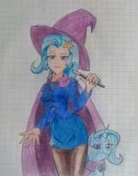 Size: 1836x2347 | Tagged: safe, artist:jackudoggy, derpibooru import, trixie, human, pony, unicorn, equestria girls, cape, clothes, female, hat, humanized, looking at you, magic wand, mare, self paradox, self ponidox, smiling, trixie's cape