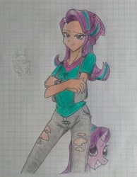 Size: 1836x2370 | Tagged: safe, artist:jackudoggy, derpibooru import, starlight glimmer, dog, human, pony, unicorn, equestria girls, clothes, denim, female, hat, heart, heart eyes, humanized, jeans, looking at you, mare, pants, ripped jeans, ripped pants, self paradox, self ponidox, smiling, torn clothes, wingding eyes