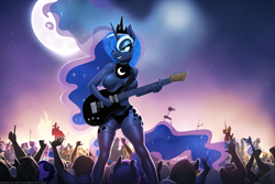 Size: 2304x1536 | Tagged: safe, derpibooru import, editor:r-tex1241, generator:novelai, generator:stable diffusion, machine learning generated, princess luna, alicorn, anthro, butt, cloud, concert, crowd, electric guitar, ethereal mane, ethereal tail, female, guitar, moon, moonbutt, music, musical instrument, night, night sky, rockstar, sky, solo, tail, wingless, wingless anthro