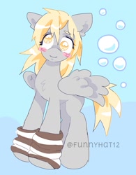 Size: 1103x1414 | Tagged: safe, artist:funnyhat12, derpibooru import, derpy hooves, pegasus, pony, clothes, gradient background, leg warmers, solo