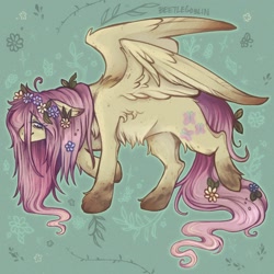 Size: 1500x1500 | Tagged: safe, artist:beetlegoblin, derpibooru import, fluttershy, pegasus, pony, female, flower, flower in hair, green background, simple background, solo