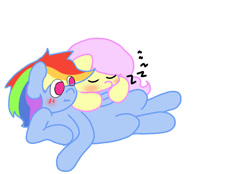 Size: 1280x889 | Tagged: safe, artist:fluttersdoodles, derpibooru import, fluttershy, rainbow dash, blushing, female, flutterdash, lesbian, onomatopoeia, shipping, sleeping, sound effects, zzz