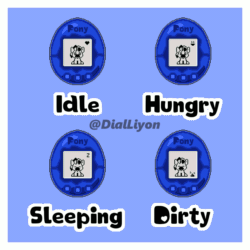 Size: 800x800 | Tagged: safe, artist:dialliyon, derpibooru import, oc, oc only, oc:meem, unicorn, animated, blue background, cute, gif, happy, hungry, loop, male, perfect loop, pixel art, simple background, sleeping, tamagotchi, text, video game