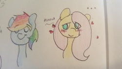 Size: 500x281 | Tagged: safe, artist:fluttersdoodles, derpibooru import, part of a set, fluttershy, rainbow dash, blushing, female, flutterdash, heart, lesbian, shipping, smiling