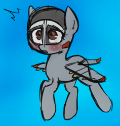 Size: 256x270 | Tagged: artist needed, safe, derpibooru import, oc, oc only, oc:blitz, original species, plane pony, blue background, blushing, brown eyes, colored, female, flying, mare, plane, shrunken pupils, simple background, solo, spread wings, surprised, wings