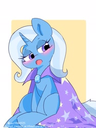 Size: 1537x2048 | Tagged: safe, artist:leo19969525, derpibooru import, trixie, pony, unicorn, blushing, cute, diatrixes, female, gem, hair, horn, mane, mare, open mouth, simple background, sitting, solo, tail