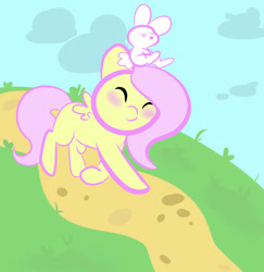 Size: 1280x1317 | Tagged: safe, artist:fluttersdoodles, derpibooru import, angel bunny, fluttershy, angel bunny is not amused, female, grass, road, smiling, unamused, walking