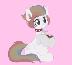 Size: 1252x1130 | Tagged: safe, artist:tamabel, derpibooru import, oc, oc only, earth pony, pony, boba tea, collar, drinking, simple background, solo