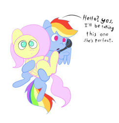 Size: 500x514 | Tagged: safe, artist:fluttersdoodles, derpibooru import, fluttershy, rainbow dash, pony, female, floating, flutterdash, holding a pony, lesbian, shipping, talking