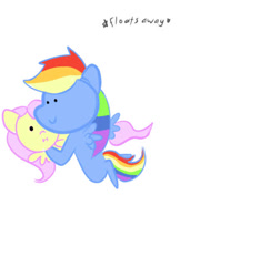 Size: 500x514 | Tagged: safe, artist:fluttersdoodles, derpibooru import, fluttershy, rainbow dash, pony, female, flutterdash, flying, holding a pony, lesbian, shipping