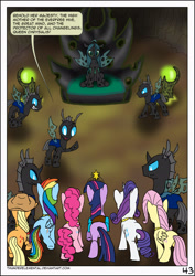 Size: 1600x2255 | Tagged: safe, artist:thunderelemental, derpibooru import, applejack, fluttershy, pinkie pie, queen chrysalis, rainbow dash, rarity, twilight sparkle, changeling, changeling queen, pony, comic:swarm rising, comic, disguise, disguised changeling, element of generosity, element of honesty, element of kindness, element of laughter, element of loyalty, element of magic, elements of harmony, mane six, single panel, speech bubble