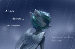 Size: 2352x1551 | Tagged: safe, artist:laymy, derpibooru import, oc, oc:siriusnavigator, pegasus, pony, rain, sad, solo, text