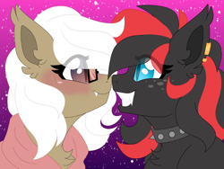 Size: 8000x6000 | Tagged: safe, artist:crazysketch101, derpibooru import, oc, oc:aurora blossom, oc:scarlet harmony, oc:sharpe, bat pony, pony, blushing, choker, clothes, ear piercing, earring, freckles, hoodie, jewelry, nose to nose, piercing, shipping, spiked choker