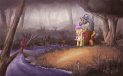 Size: 1618x1000 | Tagged: safe, artist:pastelpupils, derpibooru import, discord, fluttershy, bird, draconequus, pegasus, pony, duo, forest, river, scenery, water