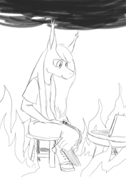 Size: 905x1280 | Tagged: safe, artist:darkhestur, derpibooru exclusive, derpibooru import, oc, oc:dark, bat pony, bat pony oc, computer, fire, laptop computer, meme, monochrome, simple background, sitting, this is fine