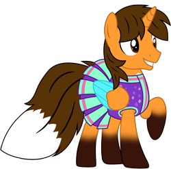 Size: 8063x7951 | Tagged: safe, alternate version, artist:ejlightning007arts, derpibooru import, oc, oc:ej, alicorn, fox, fox pony, hybrid, pony, alicorn oc, cheerleader, cheerleader outfit, clothes, colored wings, crossdressing, horn, male, raised hoof, raised leg, simple background, smiling, stallion, transparent background, vector, wings