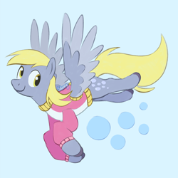 Size: 1280x1280 | Tagged: safe, artist:flightless-fox, derpibooru import, derpy hooves, pegasus, pony, blue background, bubble, clothes, flying, simple background, smiling, solo, sweater