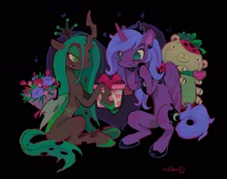 Size: 1890x1499 | Tagged: safe, artist:_night_milk_, derpibooru import, princess luna, queen chrysalis, alicorn, changeling, changeling queen, pony, black background, bouquet, duo, female, flower, holiday, mare, plushie, present, s1 luna, simple background, sitting, smiling, teddy bear, valentine's day