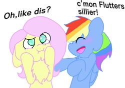 Size: 500x354 | Tagged: safe, artist:fluttersdoodles, derpibooru import, part of a set, fluttershy, rainbow dash, :i, dialogue, eyes closed, female, flutterdash, lesbian, shipping, smiling