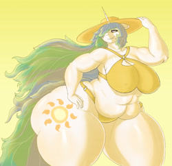 Size: 4280x4136 | Tagged: safe, artist:shell-oz, derpibooru import, princess celestia, alicorn, anthro, belly, big breasts, bottom heavy, breasts, butt, chubbylestia, clothes, fat, hair over one eye, huge breasts, huge butt, large butt, princess breastia, smiling, socks, sunbutt, thighs, thunder thighs, wingless, wingless alicorn, wingless anthro