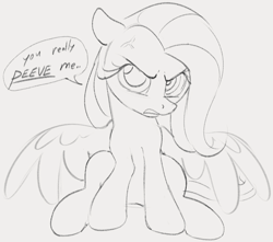 Size: 1003x885 | Tagged: safe, artist:dotkwa, derpibooru import, fluttershy, pegasus, pony, angry, cute, dialogue, ears, female, floppy ears, gray background, grayscale, looking at you, madorable, mare, monochrome, peeved, simple background, sketch, solo, speech bubble, talking to viewer, vein bulge