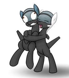 Size: 2155x2439 | Tagged: artist needed, safe, derpibooru import, oc, oc only, original species, plane pony, adfx-02 morgan, bear hug, derp, duo, duo male and female, eyes closed, father and child, father and daughter, female, happy, hug, hug from behind, male, mare, parent and child, plane, puffy cheeks, simple background, smiling, stallion, tight hug, white background