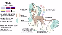 Size: 4096x2304 | Tagged: safe, artist:fizzlefer, derpibooru import, oc, oc only, oc:friday (fizzlefer), pony, unicorn, pride, pride flag, reference sheet, simple background, solo, white background