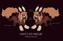 Size: 4096x2649 | Tagged: safe, artist:fizzlefer, derpibooru import, oc, oc only, oc:countess bite madeleine, bat pony, pony, reference sheet, simple background, solo