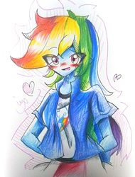 Size: 911x1200 | Tagged: safe, artist:applejack_yokai, derpibooru import, rainbow dash, equestria girls, blushing, female, solo, traditional art