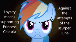 Size: 1280x720 | Tagged: safe, derpibooru import, screencap, rainbow dash, pegasus, pony, caption, derpibooru, image macro, meme, meta, propaganda, solo, text