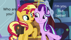 Size: 1280x720 | Tagged: safe, derpibooru import, edit, edited screencap, editor:andwhatiseeisme, screencap, starlight glimmer, sunset shimmer, pony, unicorn, equestria girls, mirror magic, spoiler:eqg specials, black text, caption, exclamation point, female, females only, horn, image macro, mare, question mark, raised hoof, raised leg, text, white text