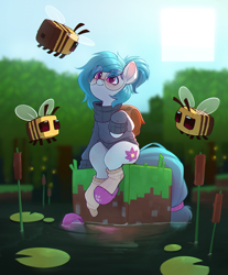 Size: 1916x2309 | Tagged: safe, artist:rexyseven, derpibooru import, oc, oc only, oc:whispy slippers, bee, earth pony, insect, pony, female, lilypad, looking at something, mare, minecraft, pond, sitting, smiling, solo, water