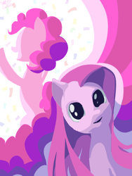 Size: 1500x2000 | Tagged: safe, artist:saltycube, derpibooru import, pinkie pie, earth pony, pony, abstract, abstract background, confetti, female, mare, pinkamena diane pie, smiling