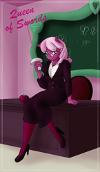 Size: 1100x1900 | Tagged: safe, artist:sixes&sevens, derpibooru import, cheerilee, anthro, earth pony, apple, chalkboard, clothes, desk, explicit source, female, food, glasses, high heels, leggings, minor arcana, queen of swords, rapier, shoes, sitting, skirt, solo, sword, tarot card, weapon