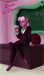 Size: 1100x1900 | Tagged: safe, alternate version, artist:sixes&sevens, derpibooru import, cheerilee, jubilance, anthro, earth pony, apple, chalkboard, clothes, desk, explicit source, food, male, minor arcana, necktie, queen of swords, rapier, rule 63, shoes, sitting, solo, suit, sword, tarot card, weapon